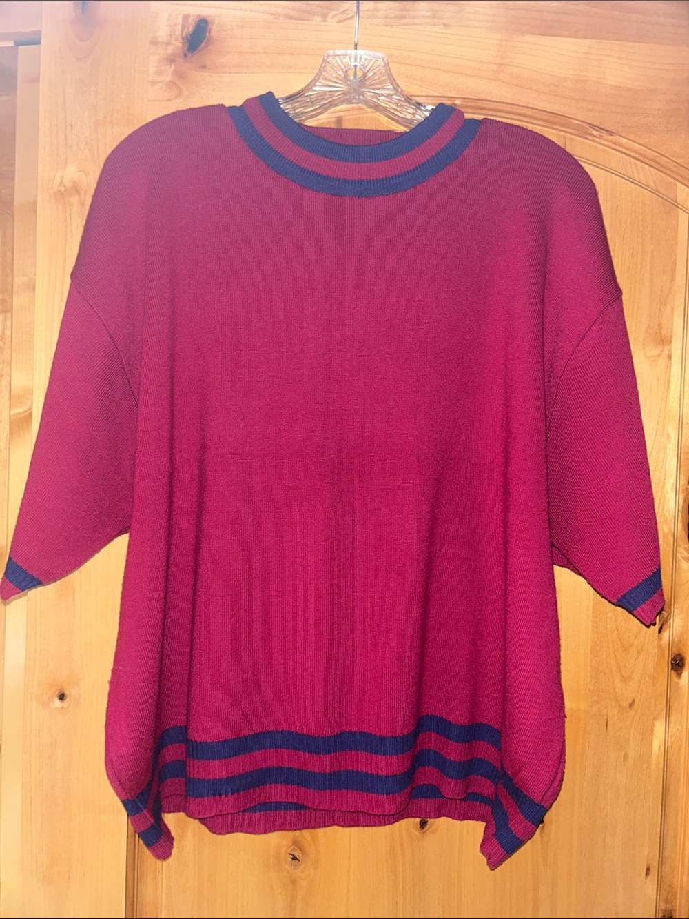 Karen Scott Burgundy Short-Sleeve Crewneck Sweater with Navy Trim